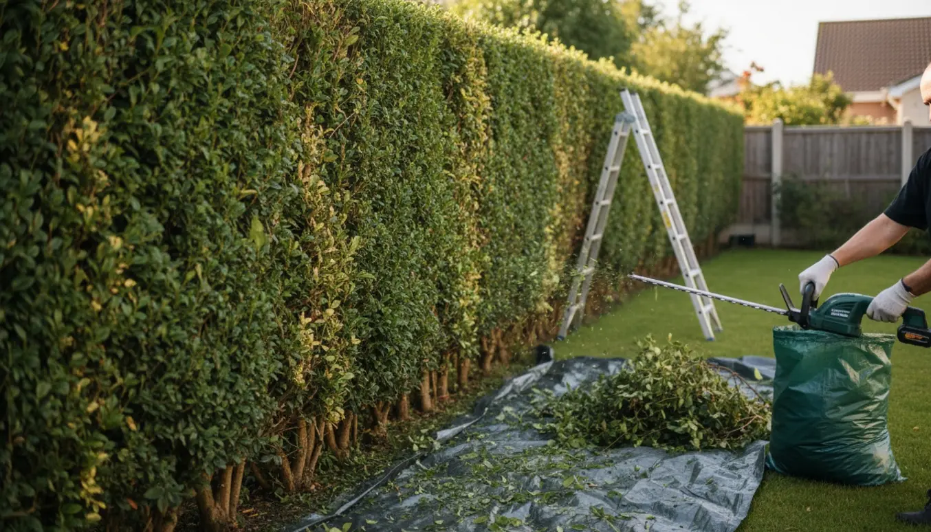 En lang hæk bliver beskåret med en hækkeklipper, afklip samlet på en presenning ved siden af.