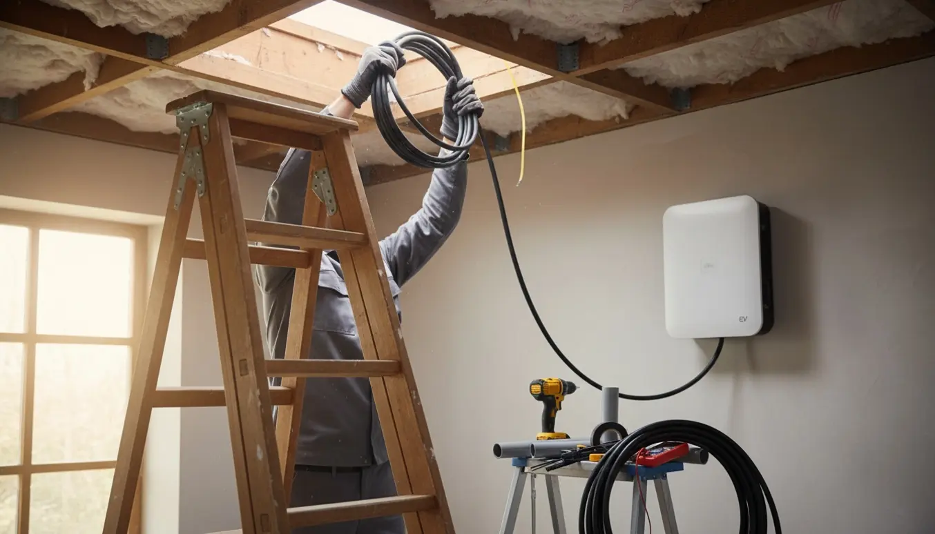 En tekniker trækker et ladekabel gennem en åben loftlem med stige og værktøj i forgrunden.