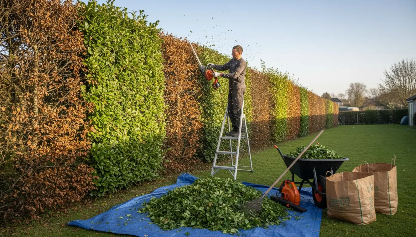 En lang bøgehæk klippes med hækkeklipper, og friske klip samles i trillebør og sække.