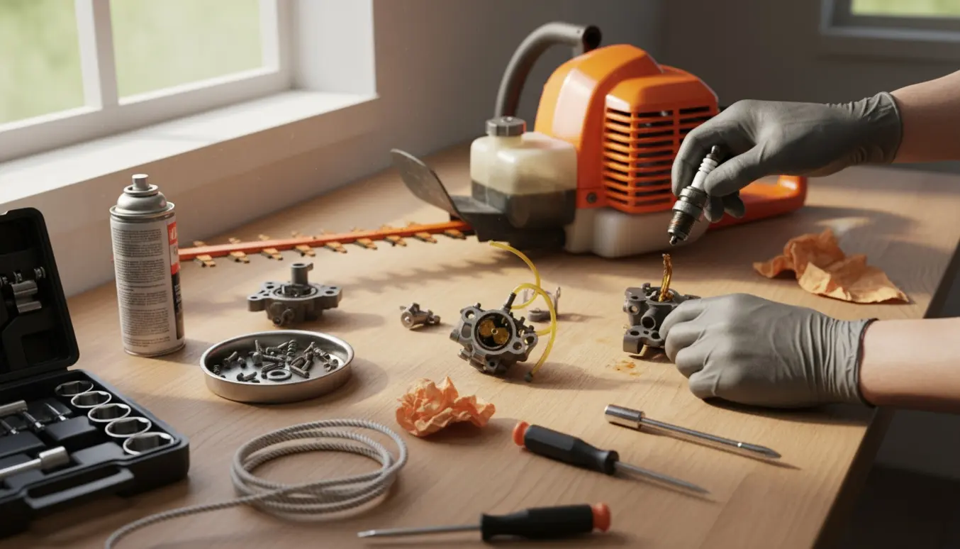 Nærbillede af adskilt benzindrevet hækkeklipper på et værksted med handskerede hænder, karburator og tændrør.