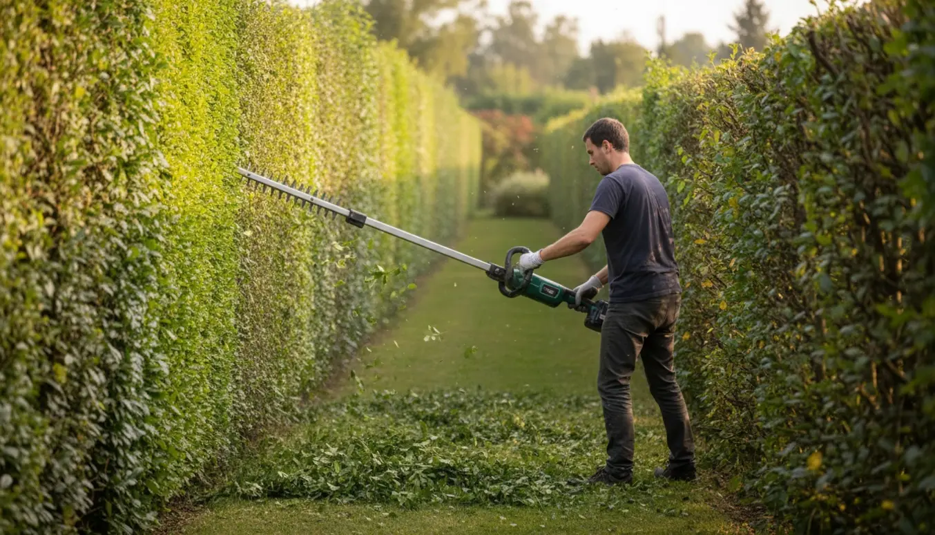 En person set bagfra klipper en ensidet ligusterhæk med en teleskop-hækkeklipper, og afklip ligger ved hækkens fod.