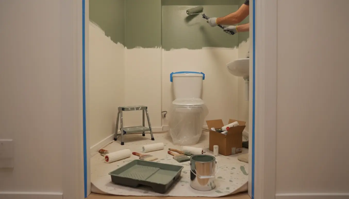 Lille toilet under maling i støvet grøn med malerulle, malerbøtte og afdækning.