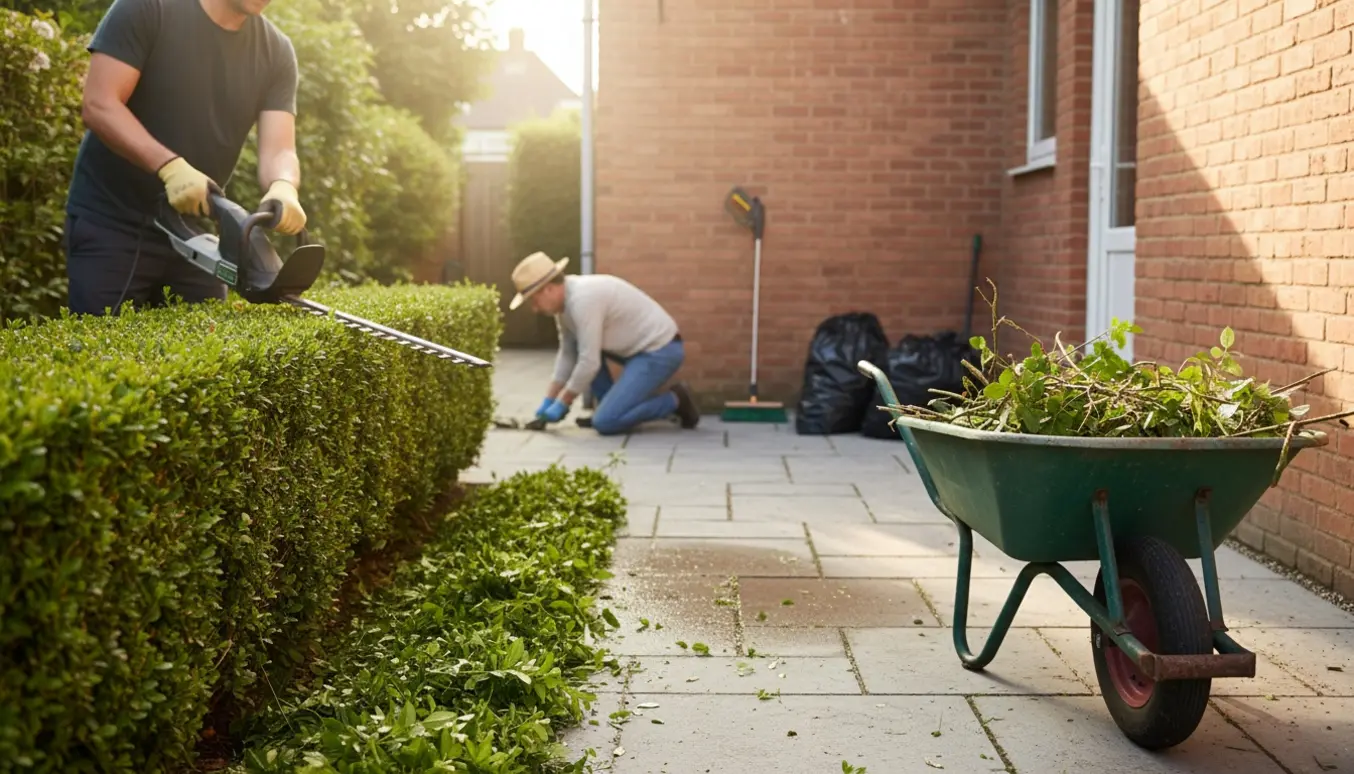 Soloplyst rækkehushave med hæk, trillebør og hands-on havearbejde, hvor hæk klippes og ukrudt fjernes.