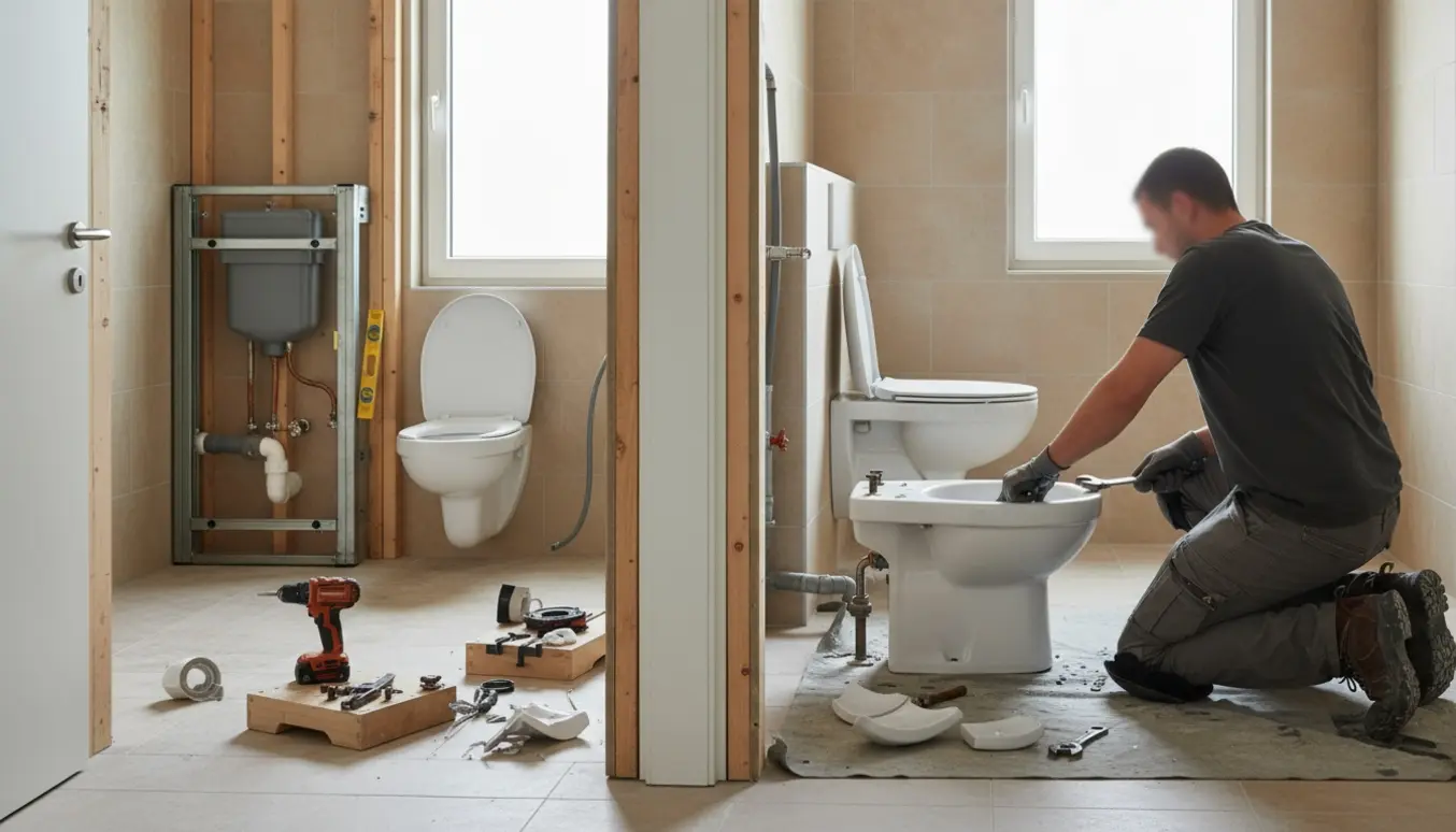 Håndværker fjerner gulvtoilet i forgrunden mens et væghængt toilet er delvist monteret i baggrunden.