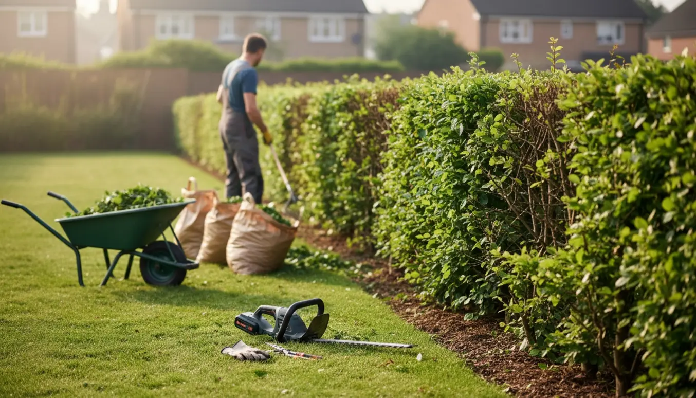 En batteridrevet hækkeklipper og handsker ved en nyklippet bøgehæk, mens afklip samles i sække.