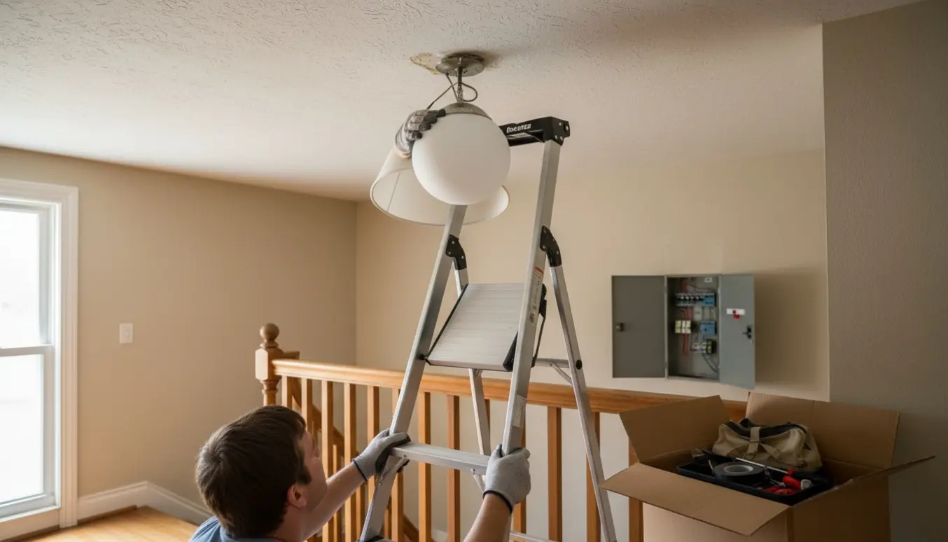 En stige på en repos, hænder der udskifter en rund loftslampe med værktøj på et bakke.