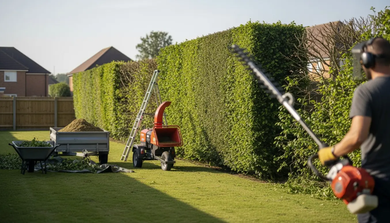 Lang bøgehæk klippes i top og på én side med trimmer og flishugger.