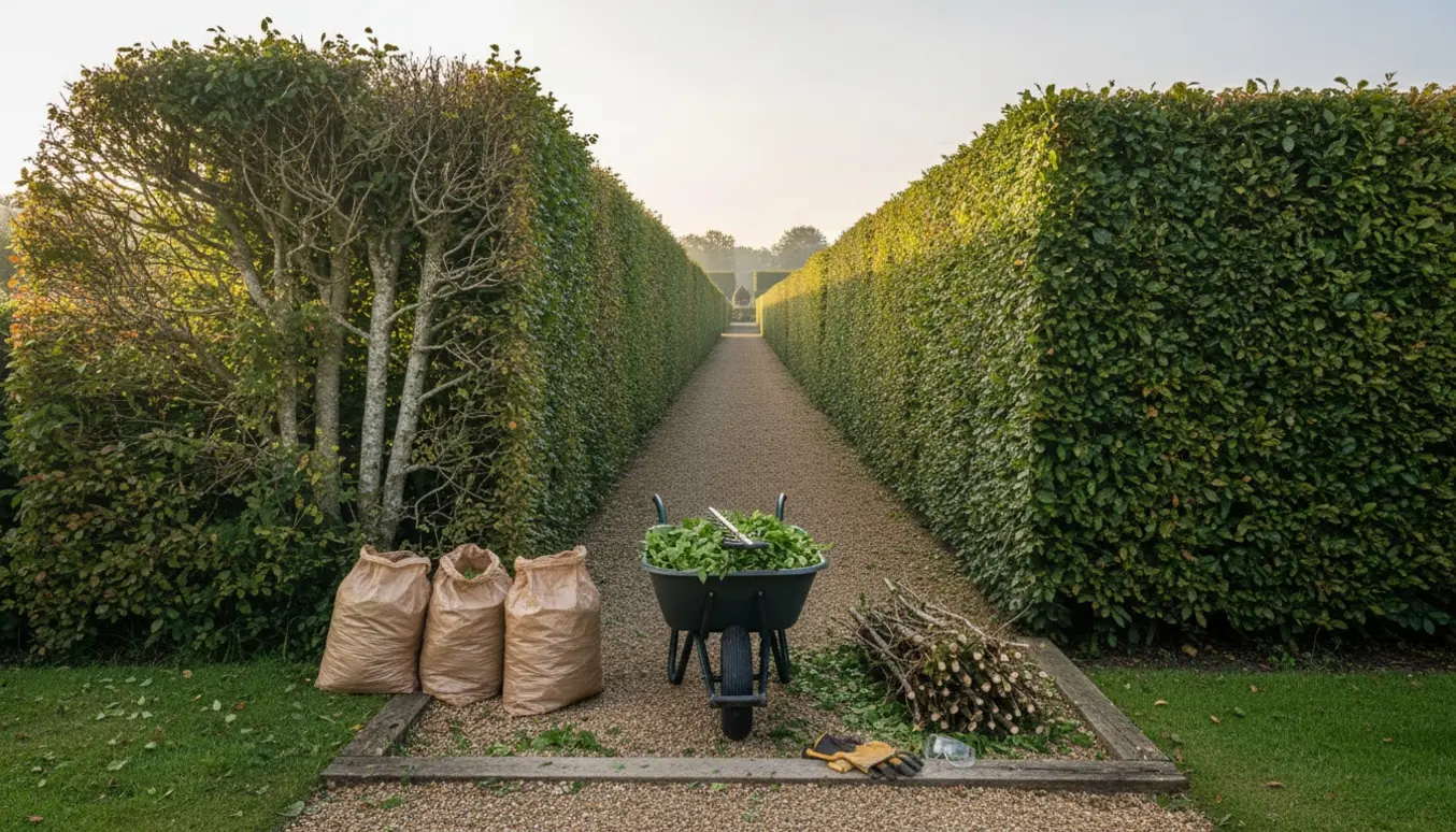 Nysnittet bøgehæk langs en havegang med trillebør fyldt med afklip og bundtede haveaffaldssække.