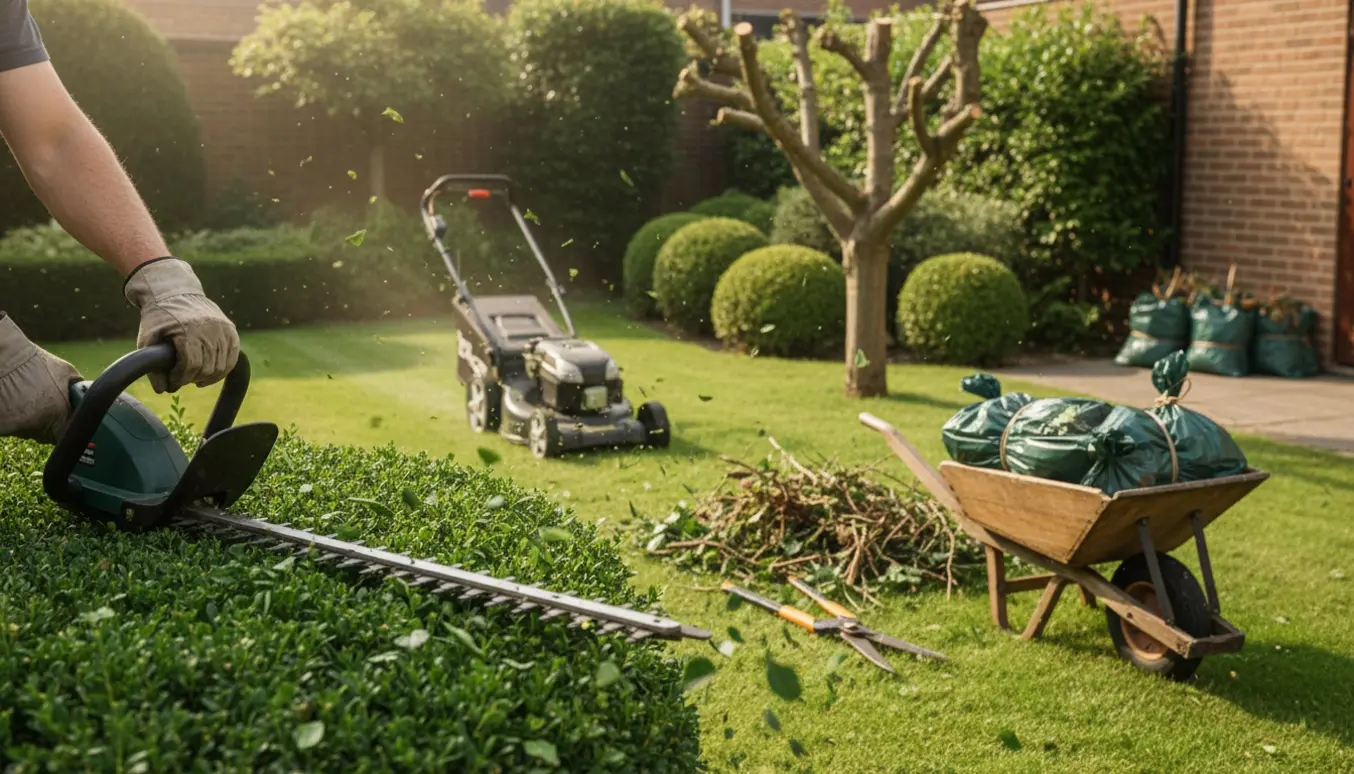 Soloplyst have med hækklipning, græsslåning og haveaffald samlet i en trillebør.