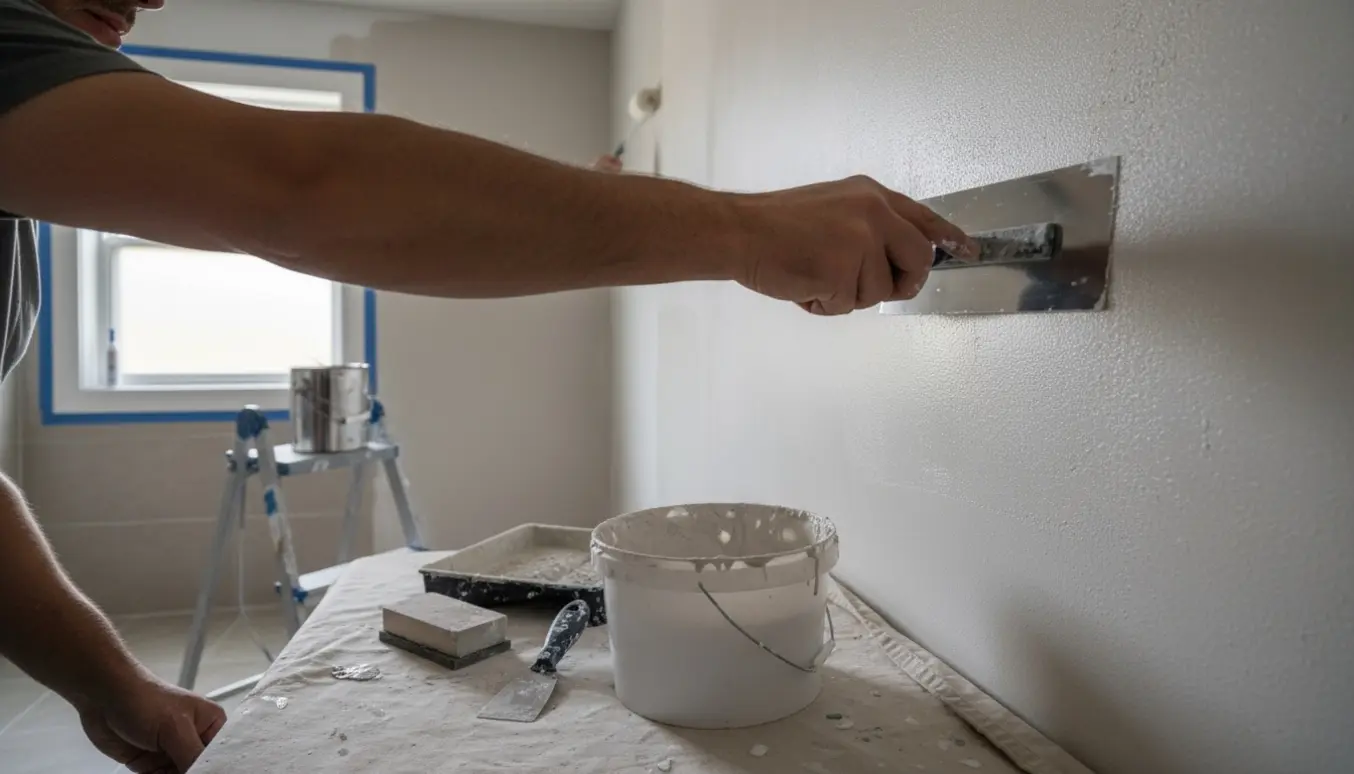 Nærbillede af hænder, der pudser og maler en lille badeværelsesvæg med pudsespade og rulle.