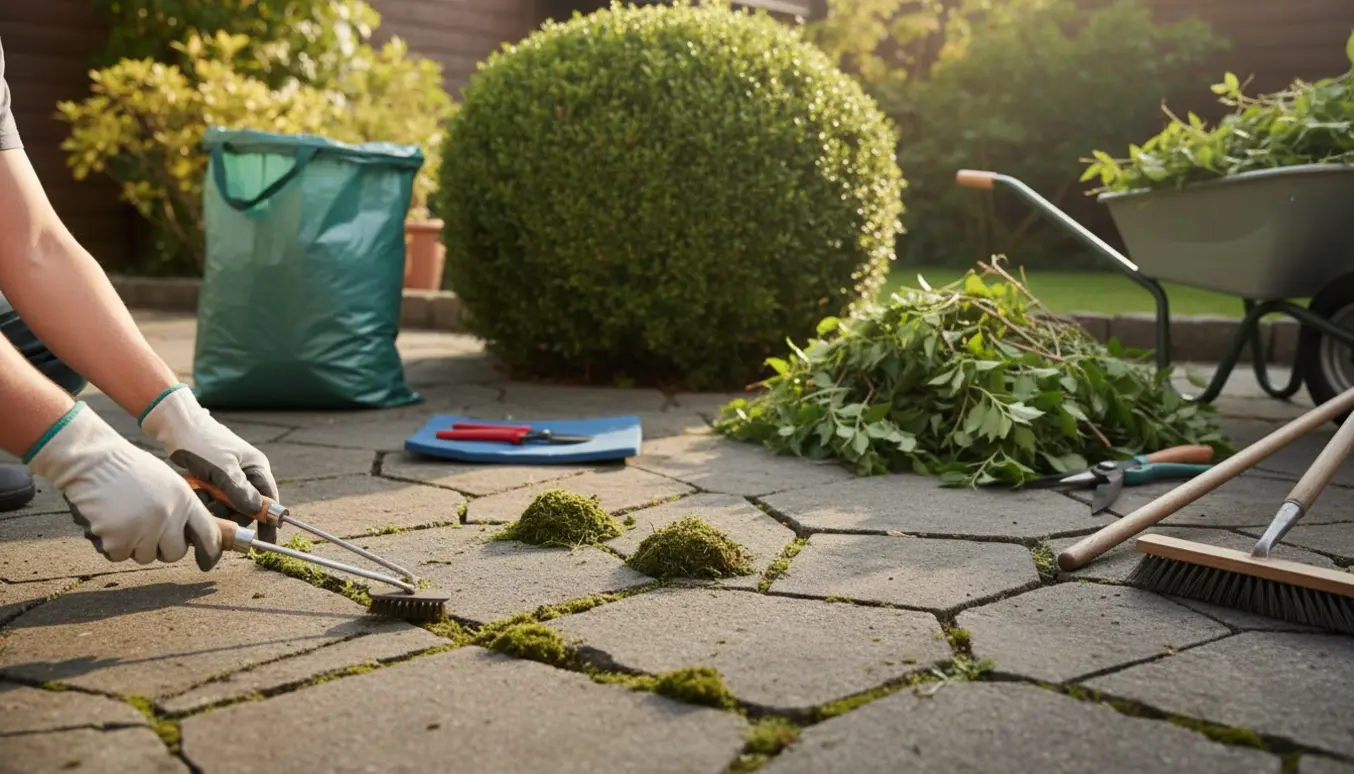 Hænder fjerner ukrudt mellem fliser på en solrig terrasse, med en nyklippet busk og bunker af afklippede grene klar til bortskaffelse.