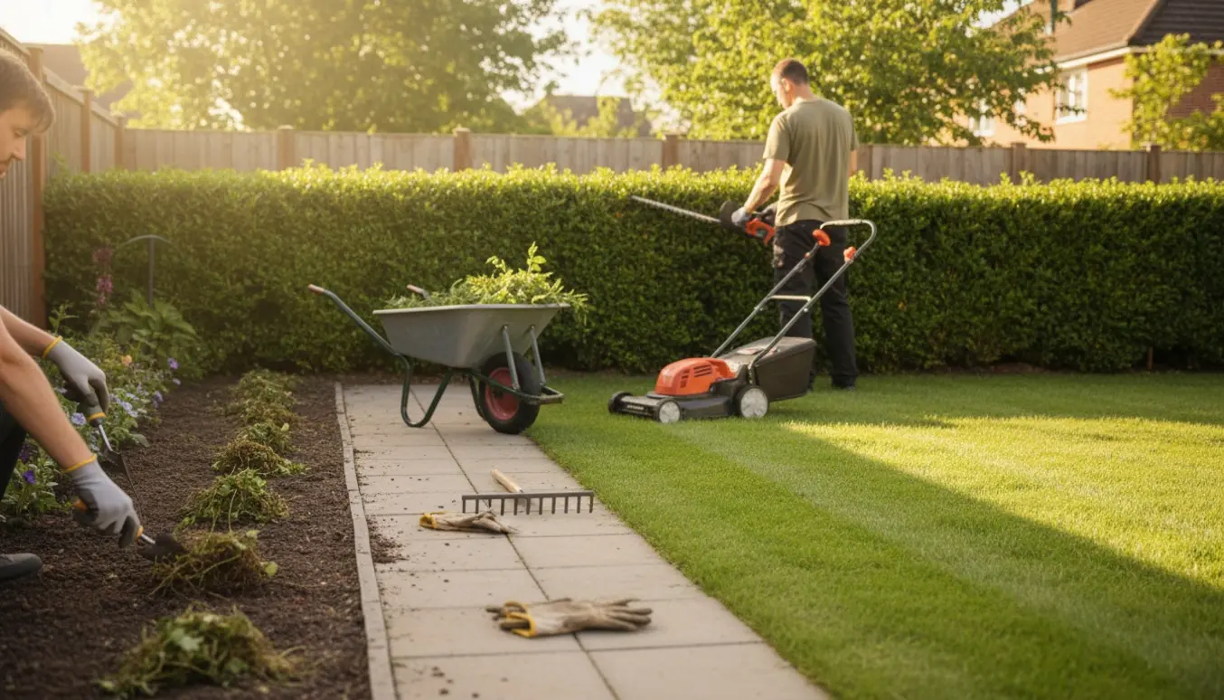 En havearbejder trimmer hæk, luger et smalt bed og har slået græsset i en solbeskinnet baghave med samlet haveaffald.