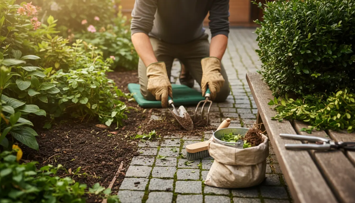 Nærbillede af havearbejde med lugning af bede og mellem brosten samt beskæring af buksbom uden synlige ansigter.