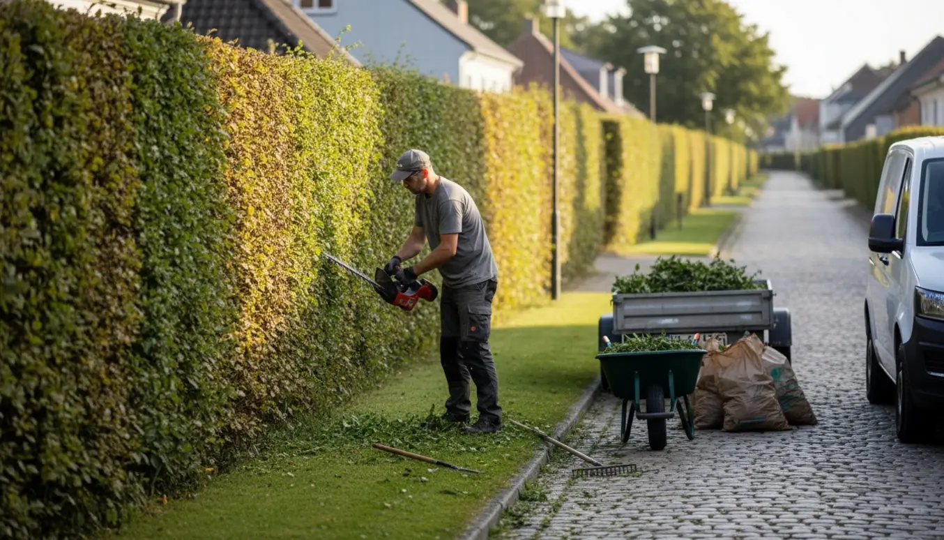 Lang nyklippet hæk på ca. 150 m og 2 m høj med haveredskaber og poser klar til bortskaffelse.