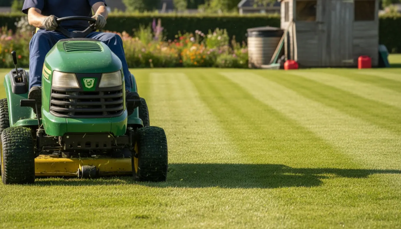 Riderplæneklipper slår en stor, velplejet græsplæne med tydelige striber på en solrig formiddag.