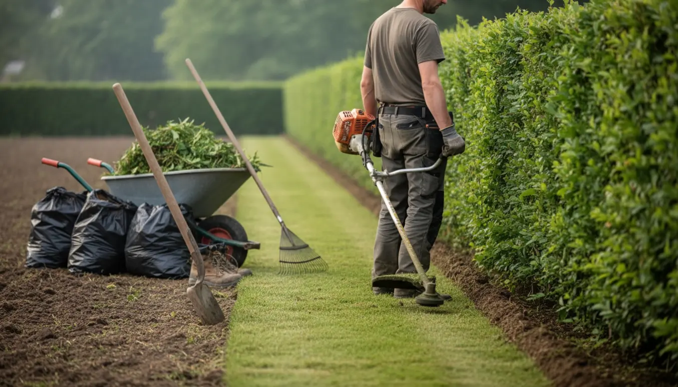 Kantning og ukrudtsfjerning langs en lang hæk med handsker, trillebør og fyldte sække.