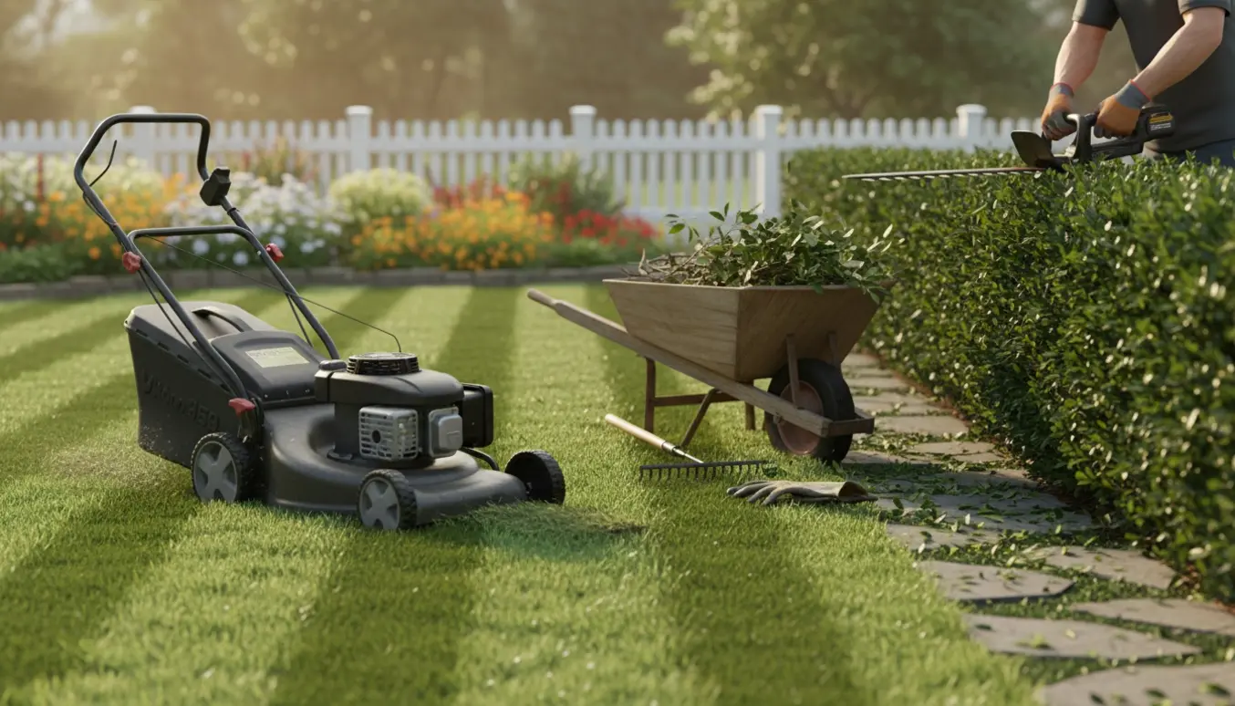 Nyslået græs og en person, hvis ansigt ikke ses, der beskærer buske i en solrig baghave.