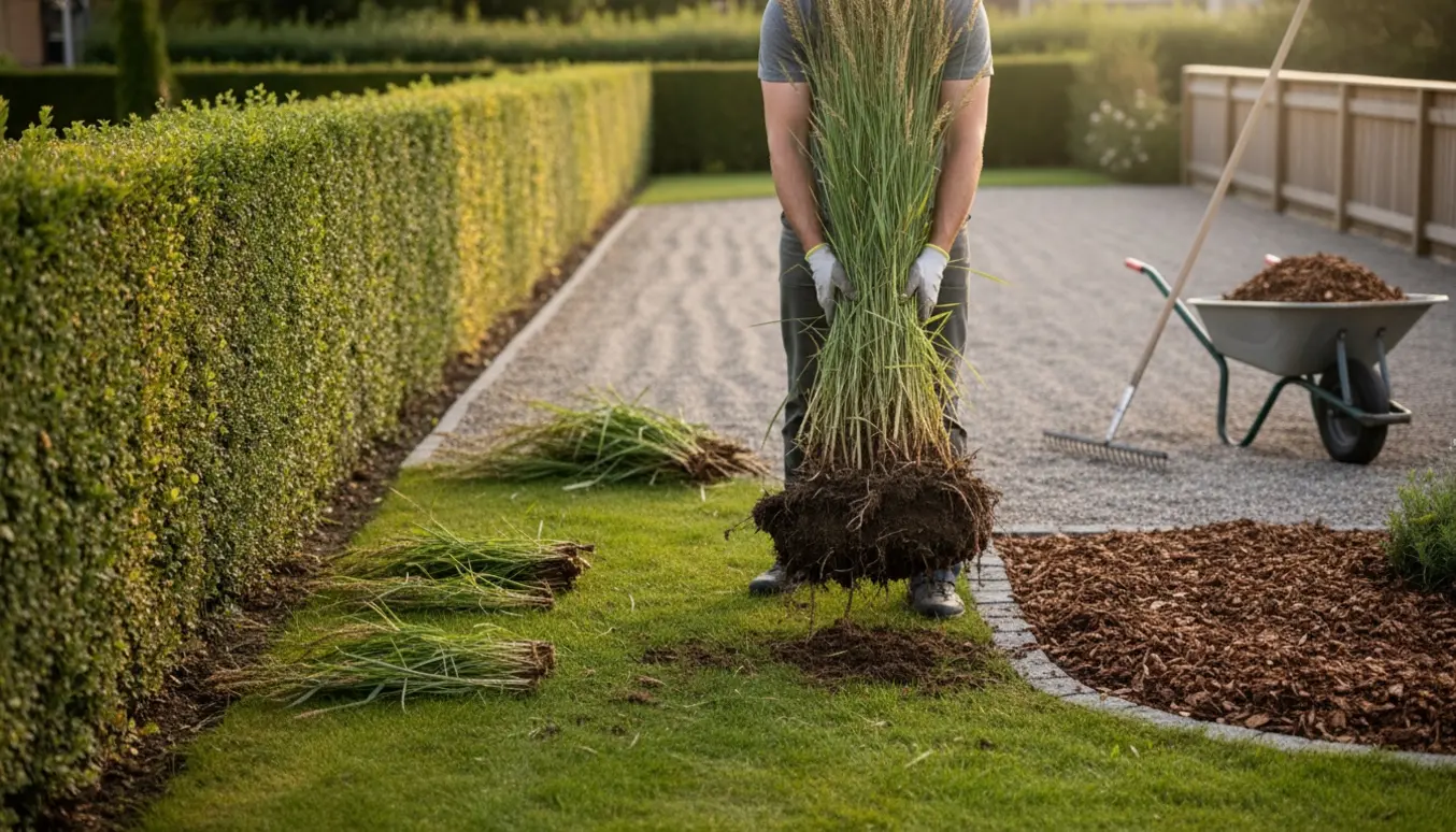 Havearbejde med fjernede vildskud i hæk, lugning af to meter højt bjørnegræs, barkdække og nyrakt grus.