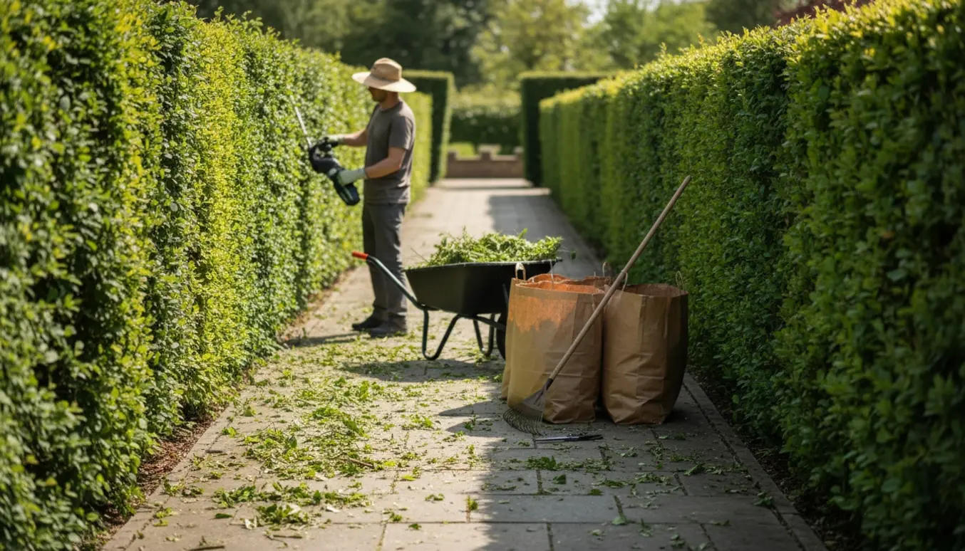 Person set bagfra trimmer en lang hæk langs en flisegang med friske hækkeafklip i en trillebør.