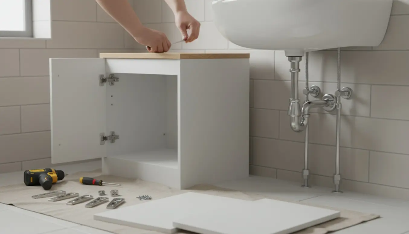 Hænder monterer et fladt pakkeskab under en håndvask i et lyst, moderne badeværelse.