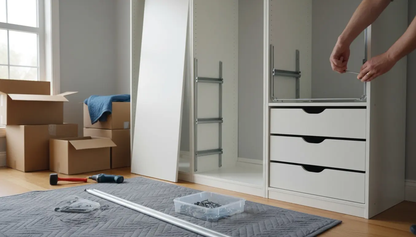 Delvist adskilt hvidt IKEA PAX klædeskab i en stue med værktøj og flytteudstyr, hænder der løsner beslag.