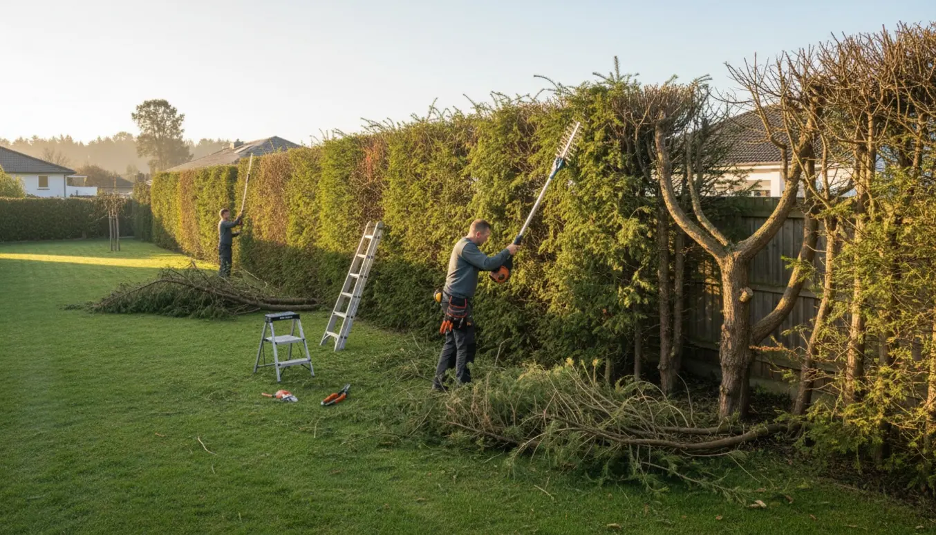 Lang lærkehæk på cirka 70 m bliver beskåret med stangtrimmer og sav, med klippede grene i forgrunden.