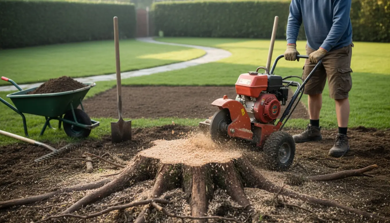 Nærbillede af en delvist fræset træstub og haveværktøj i en have klar til at blive sået til med græs.