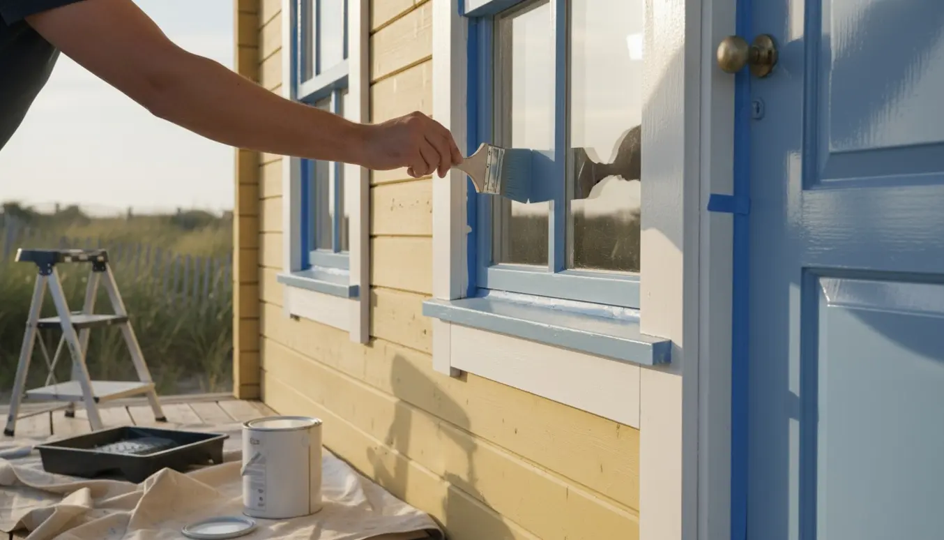 Hænder maler vinduesramme og dør på et træ-sommerhus i blødt morgenlys.