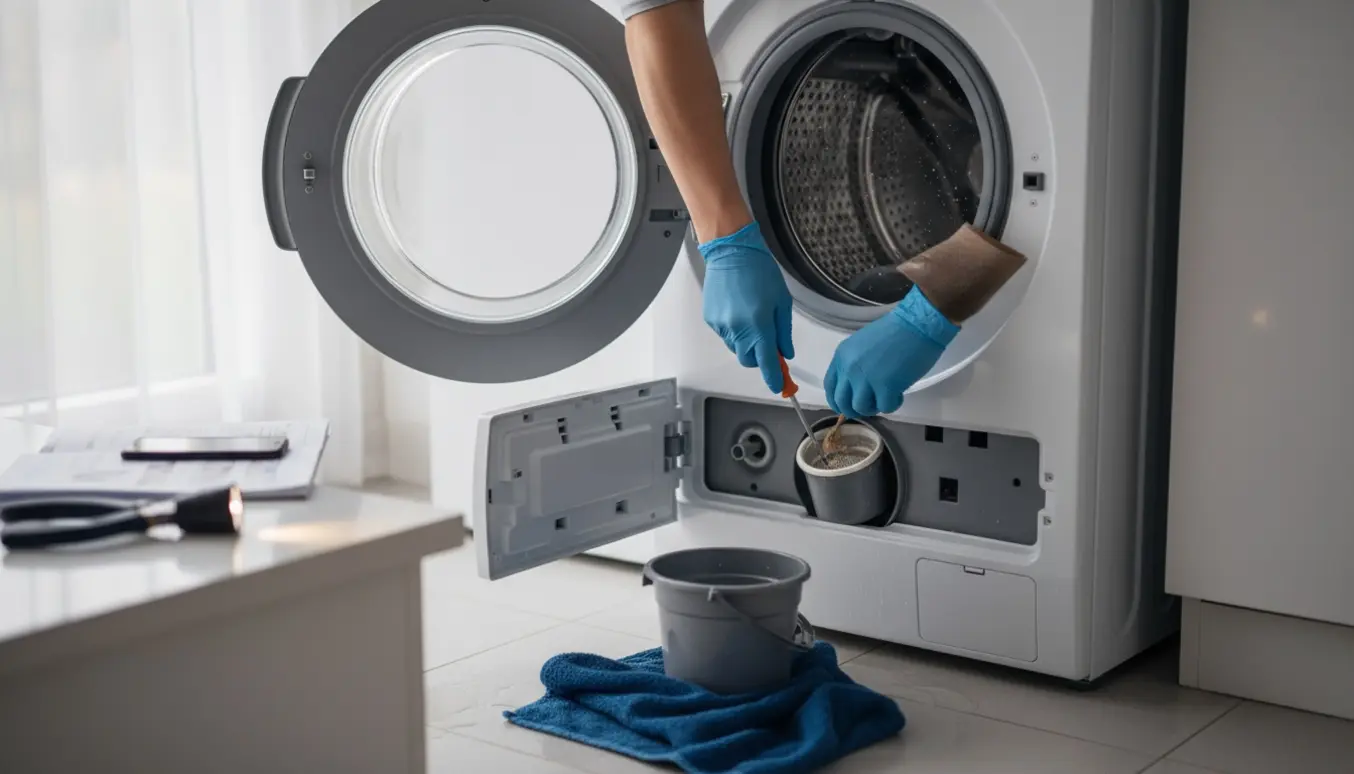 Nærbillede af åben vaskemaskine med stillestående vand og hænder, der løsner pumpefilteret med værktøj.