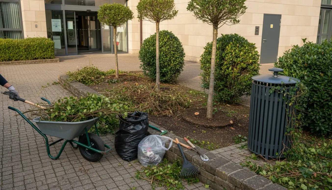 Havearbejde ved bankindgange med beskårne træer, fyldt trillebør og fjernet ukrudt mellem fliser.