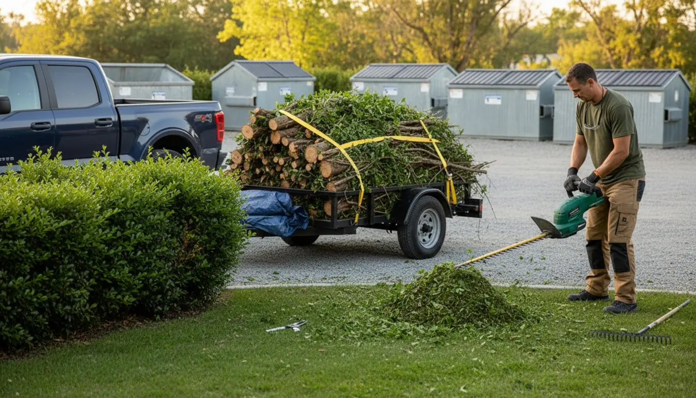 Traileren fyldt med haveaffald ved en containerplads, mens en person klipper en hæk.