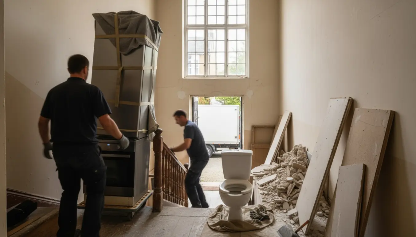 To arbejdere bærer et højt køle-/fryseskab ned ad en smal trappe ved en bunke nedrevet gips, træ og et toilet.