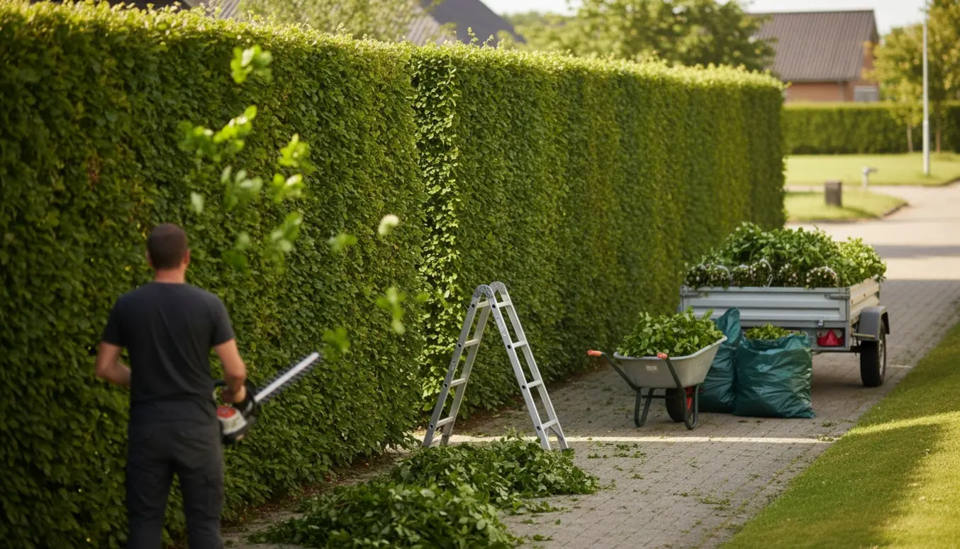 Nyklippet bøgehæk på hjørnegrund med trillebør og bundter af hækafklip klar til bortkørsel.