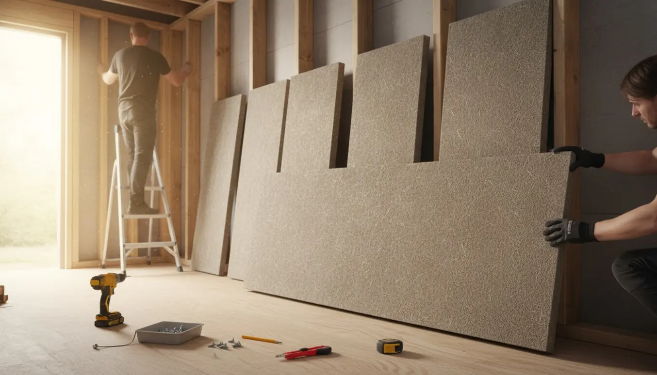 Opsætning af Troldtex-plader mellem træspær i et lyst udhus med værktøj klar.