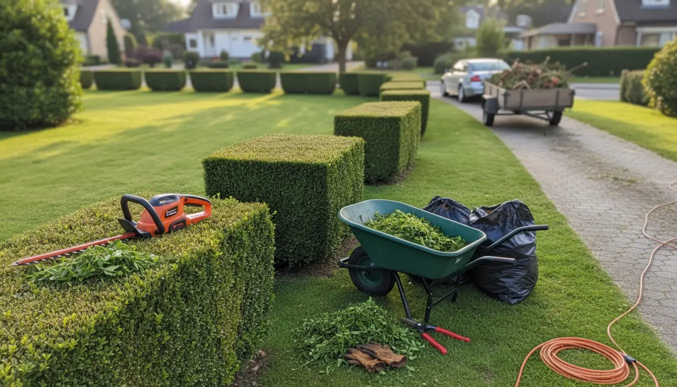 Nyklippet hæk ved indkørsel med grene samlet i trillebør og trailer klar til afhentning.