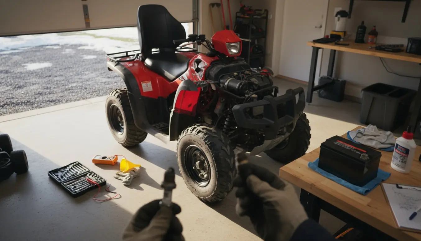 ATV i garage med åbnet motor og handskerede hænder, der undersøger tændrør og batteri.