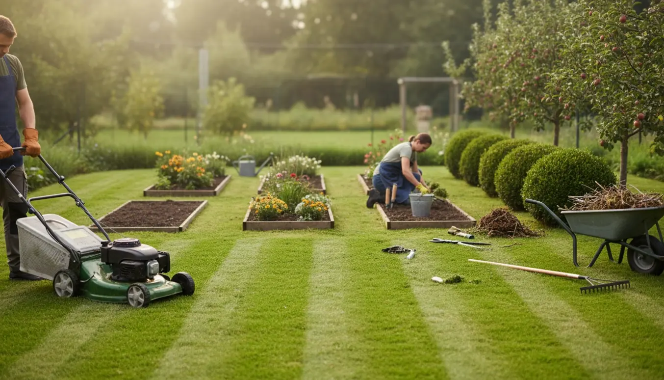 Nærbillede af nyslået græs, lugning af blomsterbede og beskæring af buske og frugttræer i en privat have.