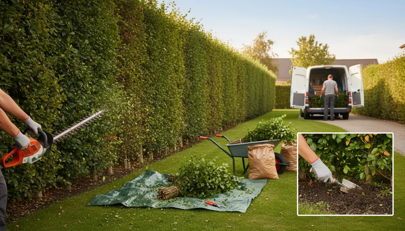 Professionel klipning af en cirka 2 m høj bøgehæk med opsamling af kviste i trillebør og fjernelse af ukrudt.