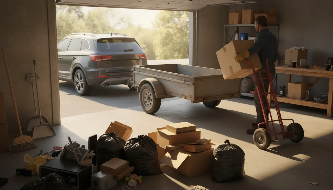 Pap og affald læsses fra en garage på en trailer trukket af en bil set gennem den åbne garageport.