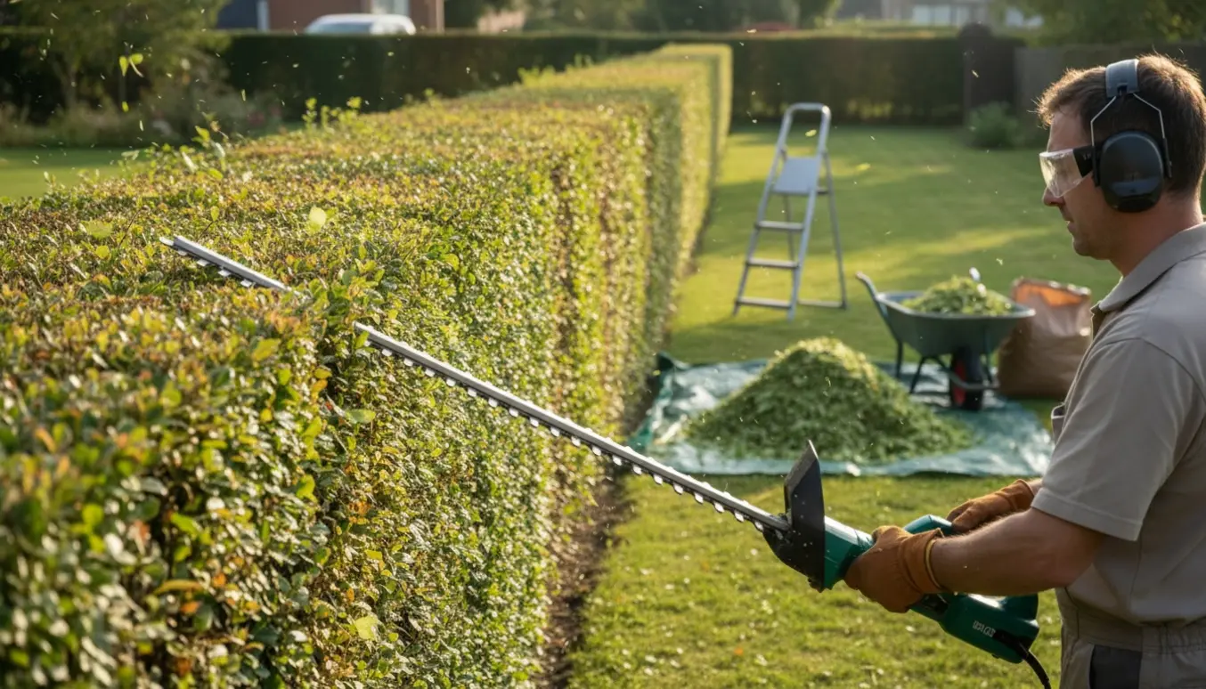 En person klipper en lang bøgehæk med en elektrisk hækkeklipper, mens klippeaffald er samlet på presenning og i en trillebør.