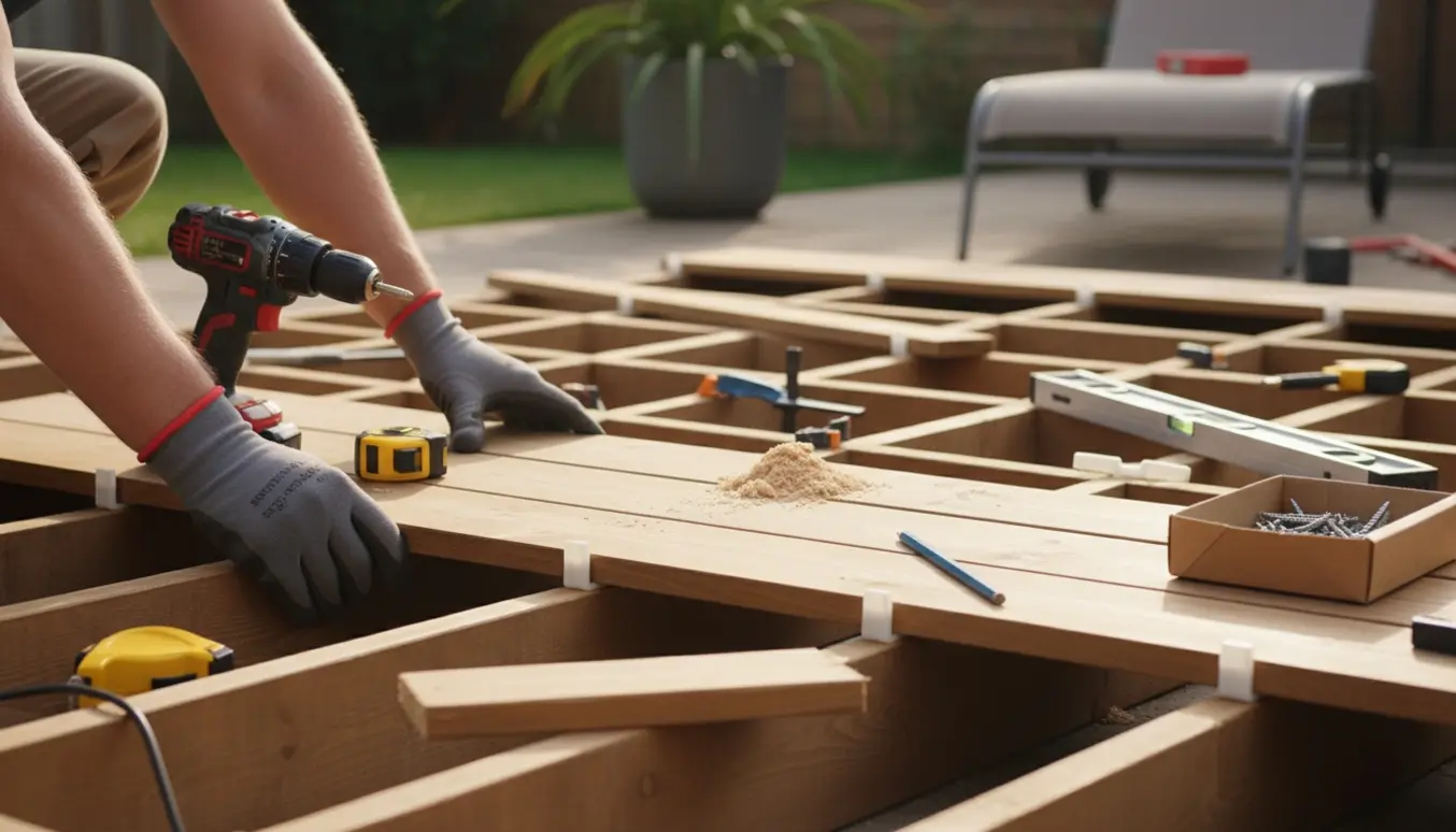 Nye terrassebrædder bliver lagt på en afrenset trækonstruktion i en baghave, med værktøj og arbejdshænder i fokus.