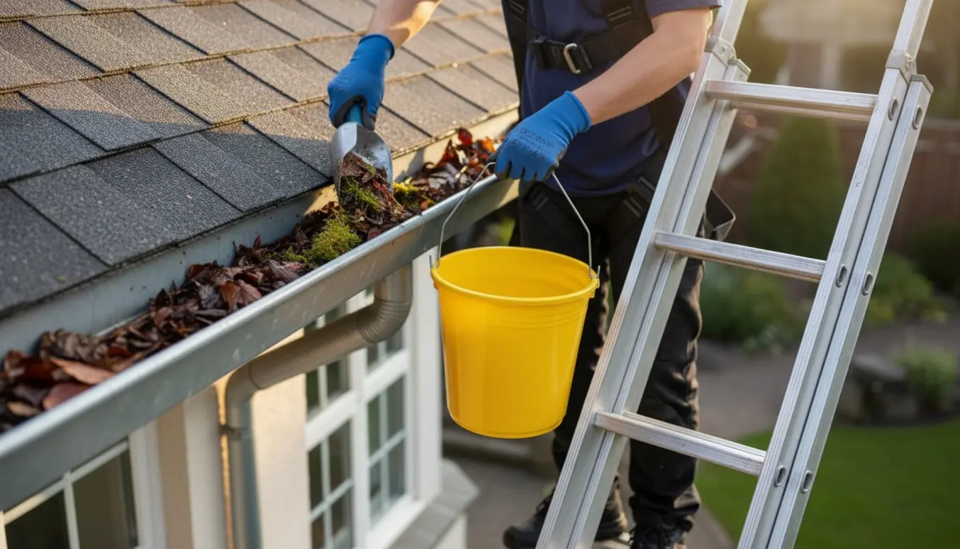 Hænder i arbejdshandsker tømmer en tagrende fyldt med blade fra en stige ved et mellemstort hus.