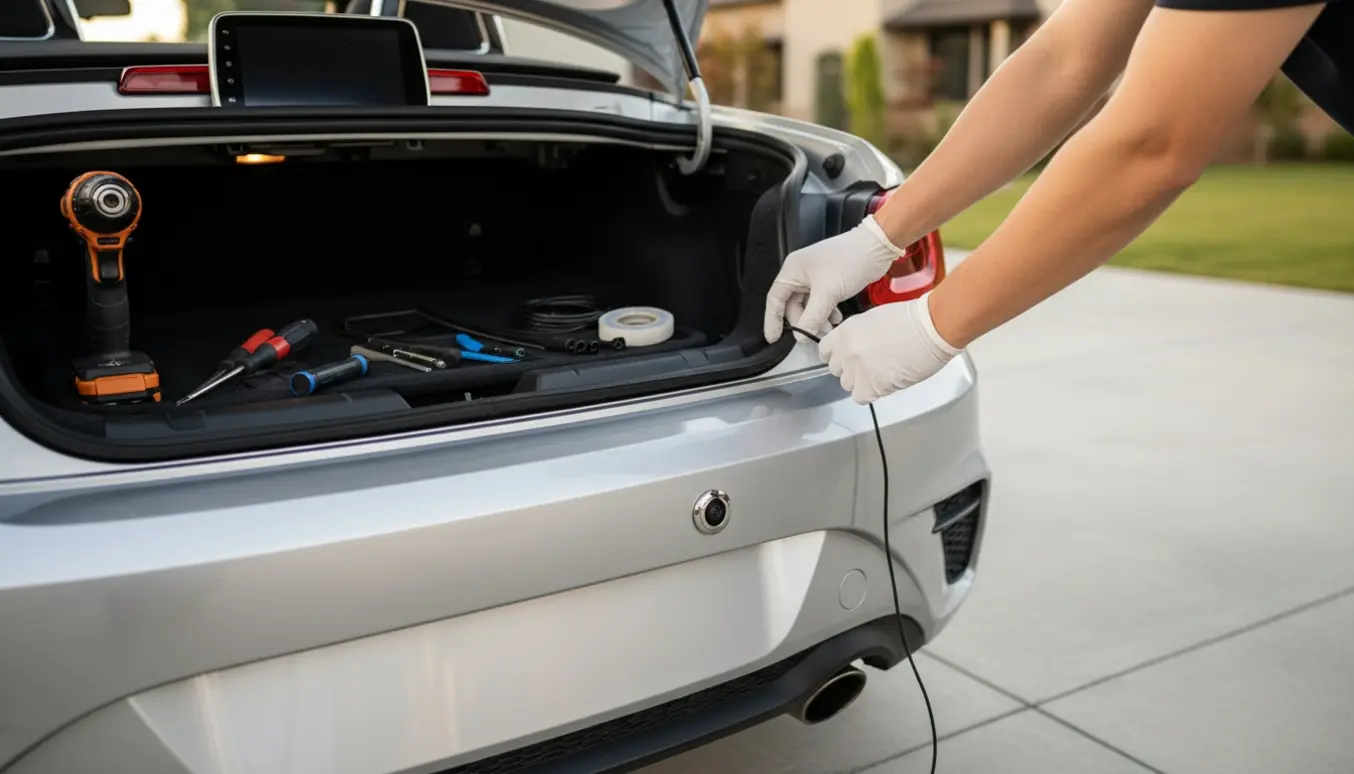 Hænder monterer et bakkamera over nummerpladen på en sølv cabriolet med åbent bagagerum og værktøj.