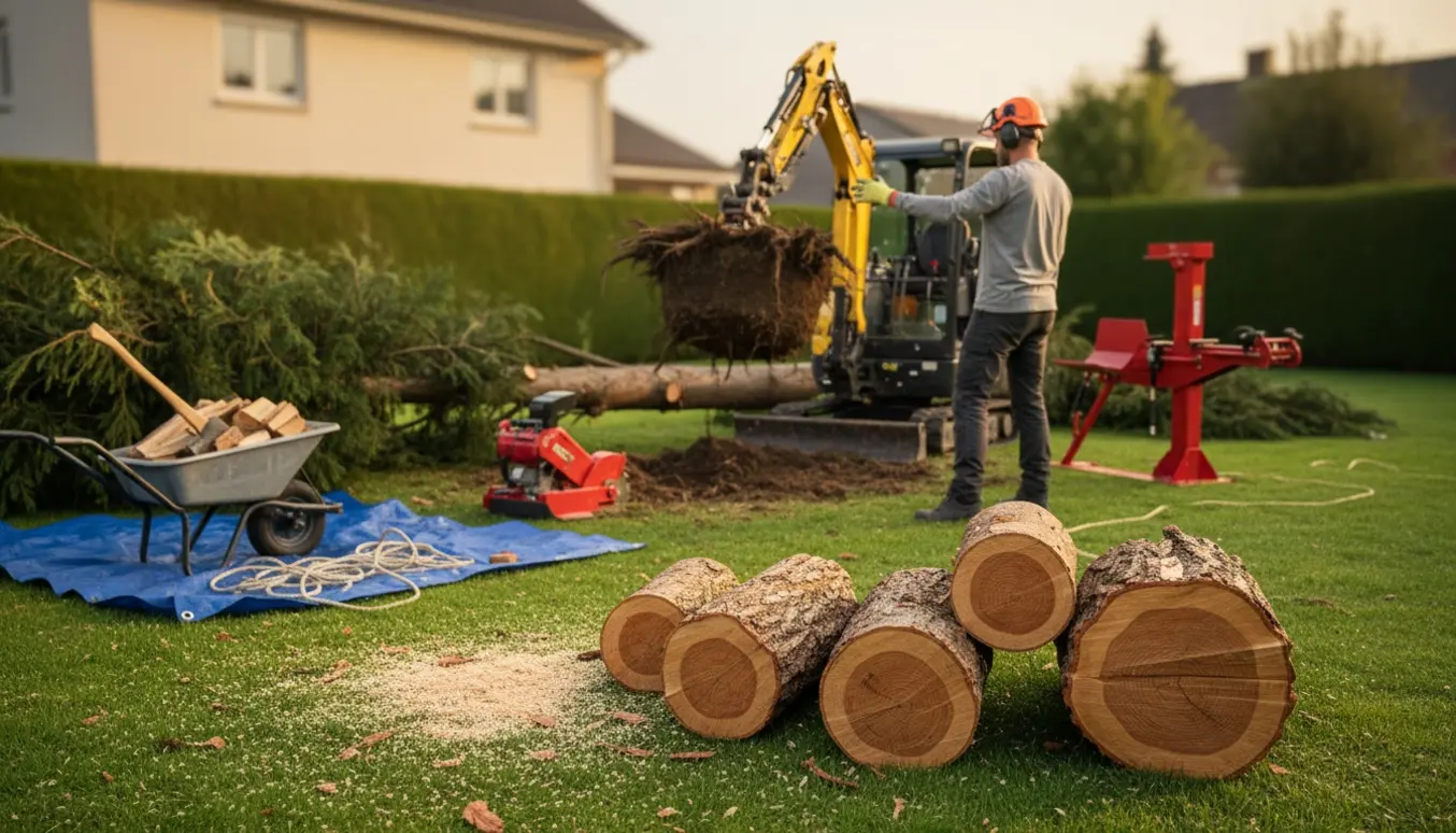 Fældet thuja med eksponeret rodklump under fjernelse, stabler af kløvet brænde og værktøj i en have.