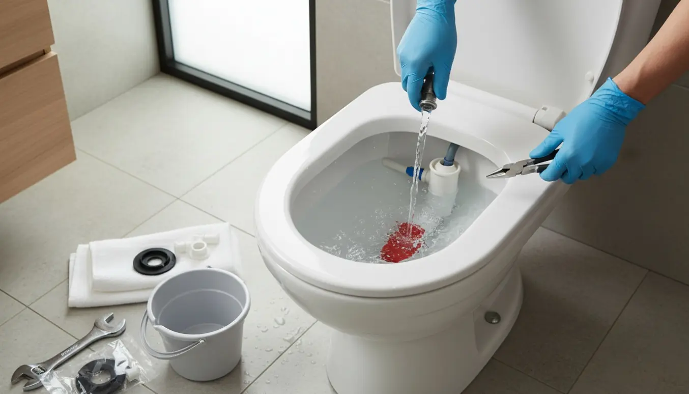 Åbent toilettank med løbende vand og hænder, der justerer flapper og fyldventil.