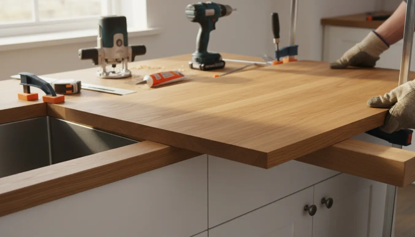Håndværker placerer en træbordplade på køkkenskabe ved en vaskudskæring med værktøj og træflis på arbejdsfladen.