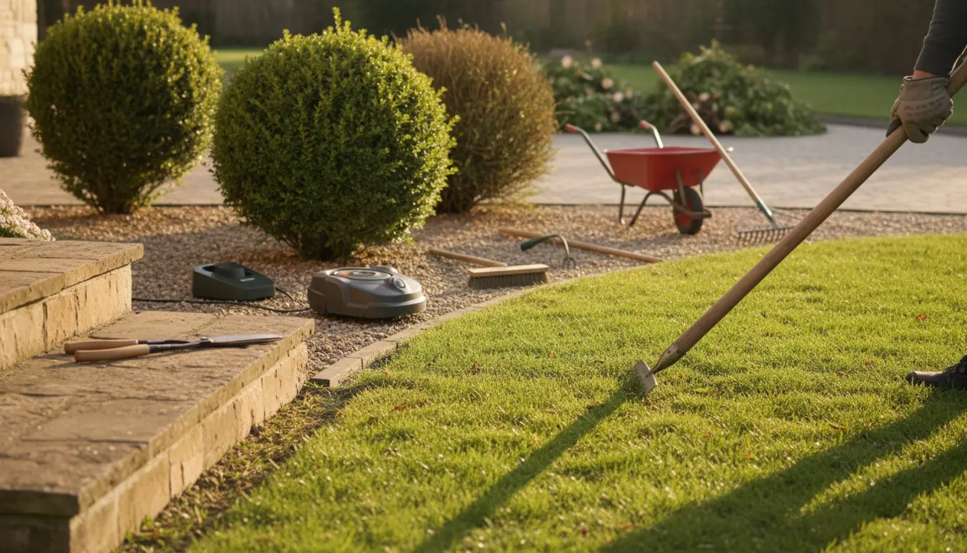 Have under beskæring med nyslået kant, robotplæneklipper ved græsset og bunker af afklip i indkørslen.