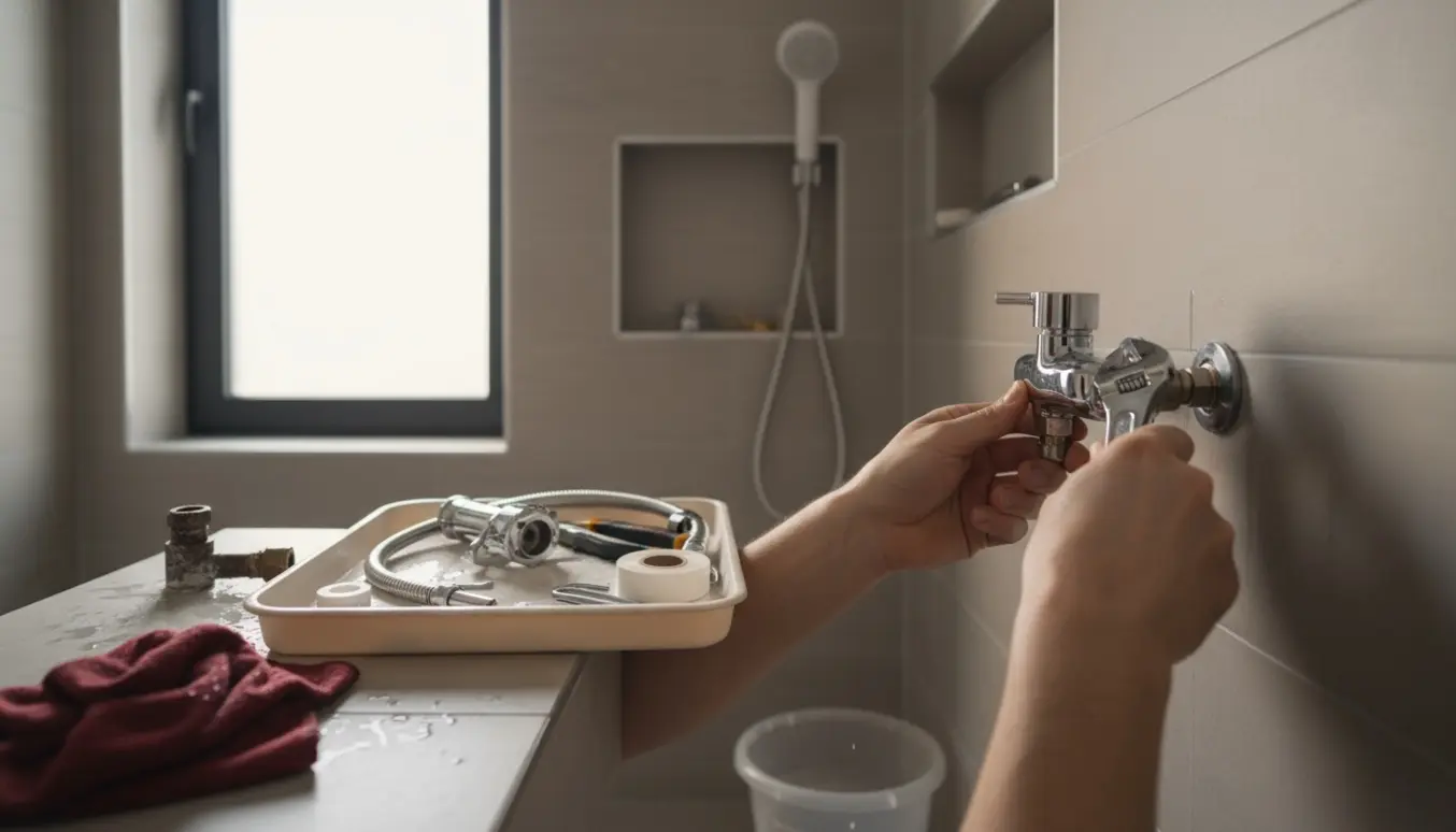 Hænder installerer et nyt krom bruseblandingsbatteri i et lyst badeværelse med værktøj og reservedele klar.