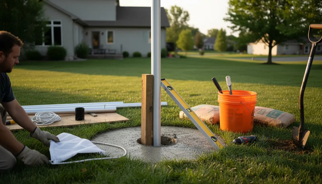 Ny flagstang bliver sat op i en baghave med handsker og værktøj omkring en nylig støbt sokkel.