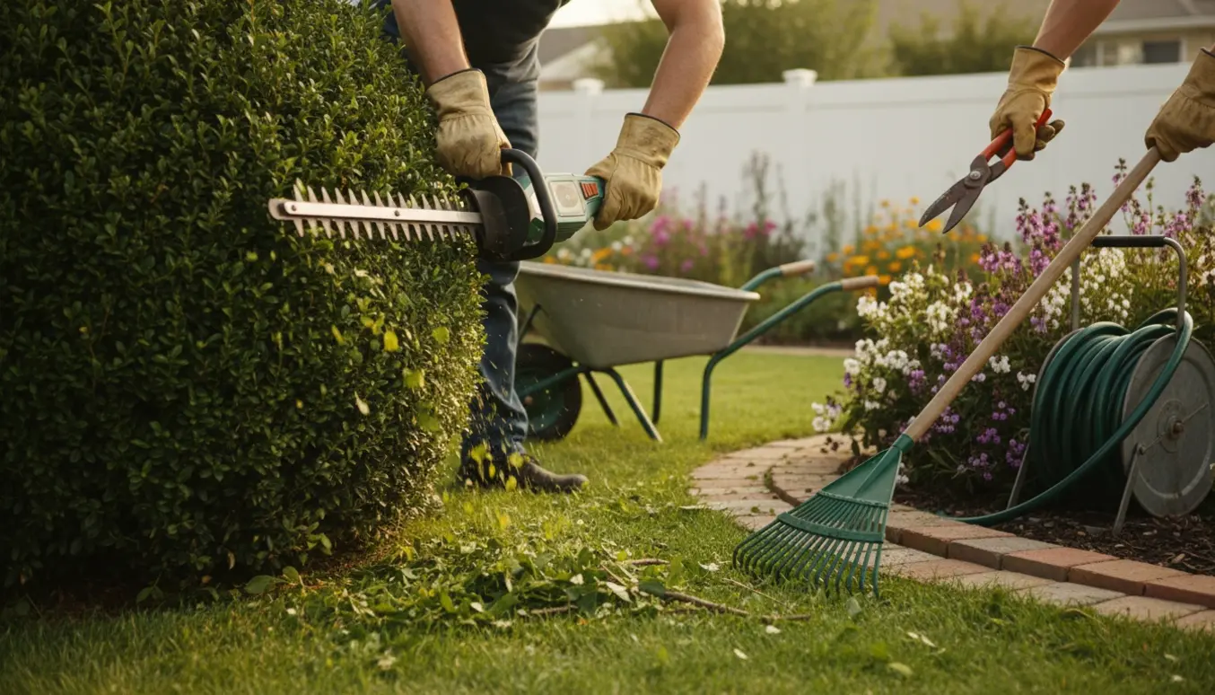 Handskerede hænder beskærer en hæk med hækkeklipper og beskæresaks, med friske kviste i en trillebør i en solbeskinnet have.